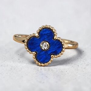 Elegant Blue & Gold Stainless Steel Clover Ring - Size 10